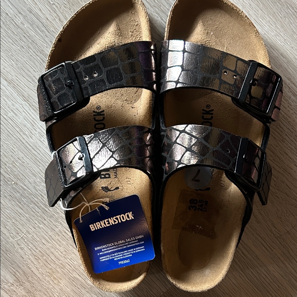 Birkenstock Croc-Embossed Metallic Sandals